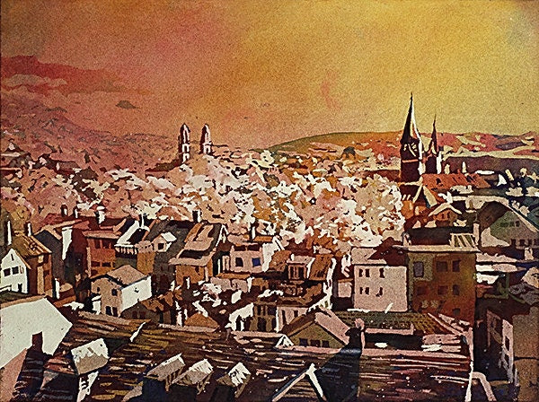 Zurich, Suiza pintura de acuarela de bellas artes. Vista aérea del centro de Zurich al atardecer, pintura de acuarela amarilla, bellas artes (impresión)