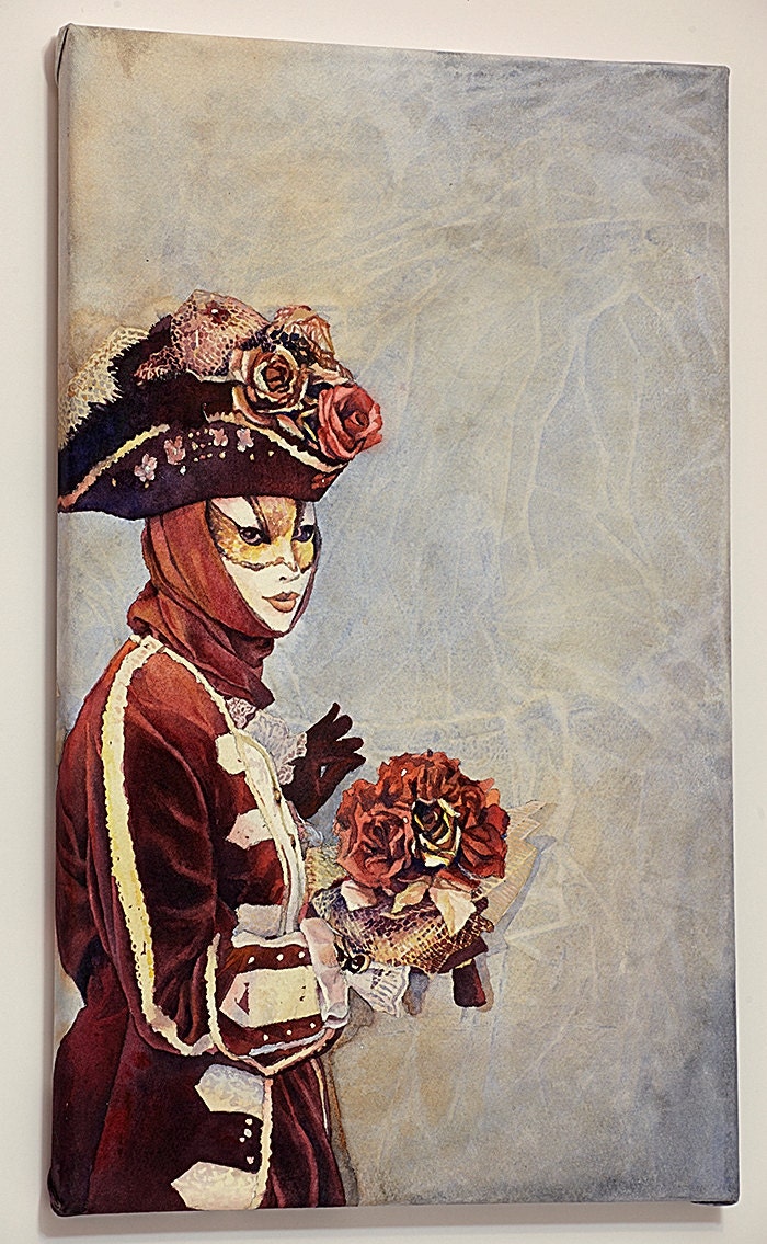 Fine art print of Venice Carnivale with detailed mask and festive attire in rich watercolor tones.