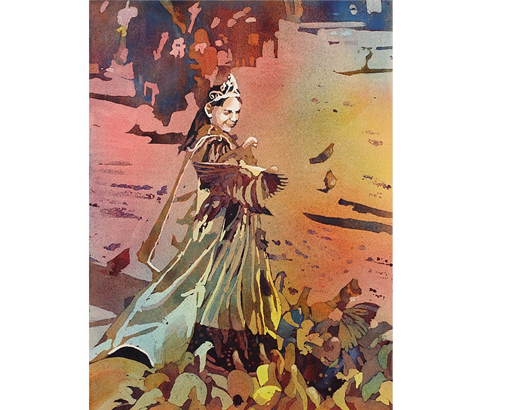 Chica italiana vestida para Carnivale dándole de comer a las palomas- Plaza de San Marcos en Venecia, Italia. Venecia acuarela pintura Venecia (impresión)