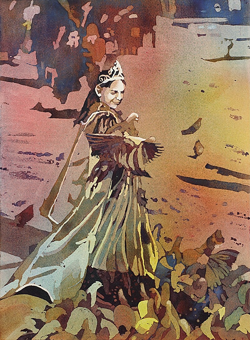 Chica italiana vestida para Carnivale dándole de comer a las palomas- Plaza de San Marcos en Venecia, Italia. Venecia acuarela pintura Venecia (impresión)