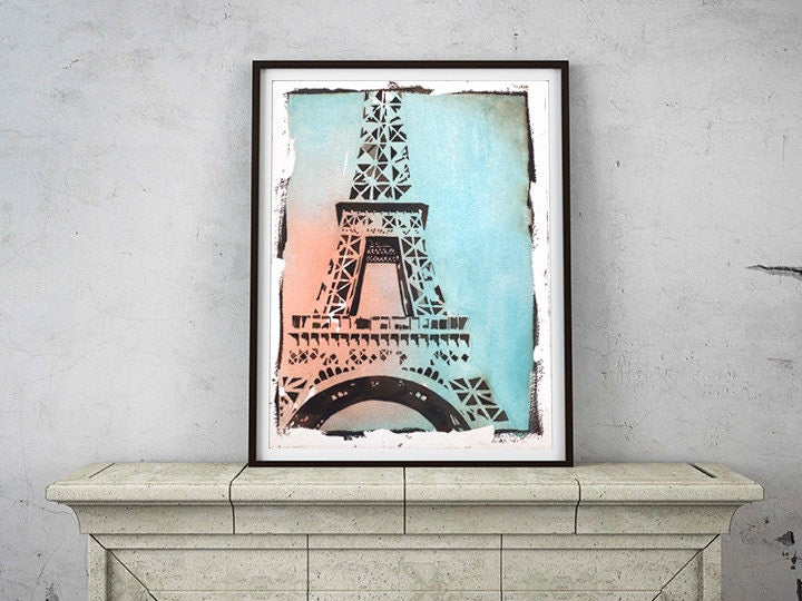 Eiffel Tower in Paris, France fine art watercolor painting.  Giclee prints of Eiffel Tower at sunset in Paris, France.  Home decor Paris (print)