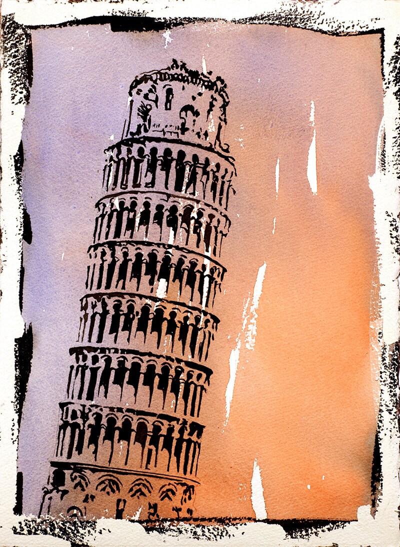 Pintura de acuarela de bellas artes de la Torre Inclinada de Pisa con borde de fotografía falsa. Acuarela de la Torre Inclinada de Pisa, pintura arte Italia Pisa (impresión)
