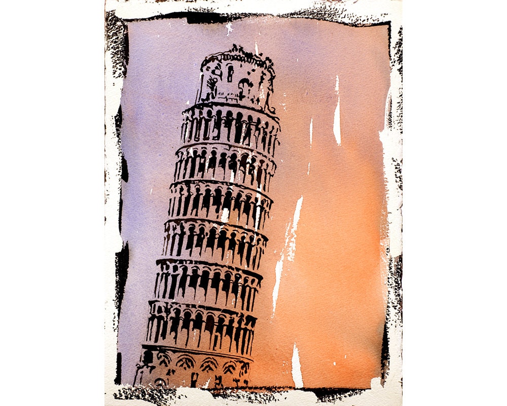 Pintura de acuarela de bellas artes de la Torre Inclinada de Pisa con borde de fotografía falsa. Acuarela de la Torre Inclinada de Pisa, pintura arte Italia Pisa (impresión)