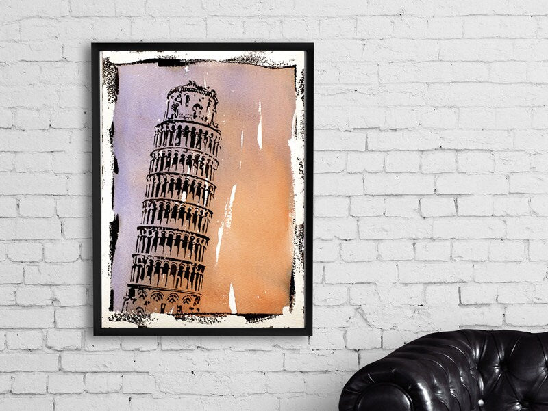 Pintura de acuarela de bellas artes de la Torre Inclinada de Pisa con borde de fotografía falsa. Acuarela de la Torre Inclinada de Pisa, pintura arte Italia Pisa (impresión)