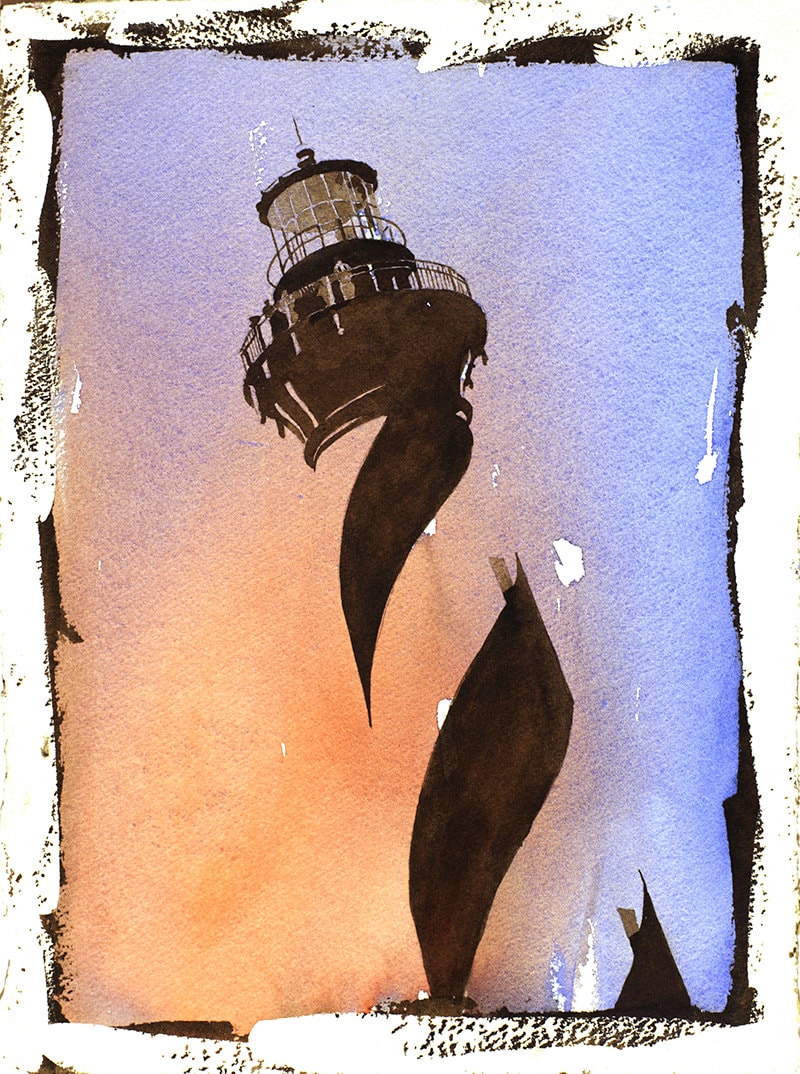 Faro de Cabo Hatteras - Outer Banks, Carolina del Norte. Pintura del faro Cabo Hatteras. Lightouse de paisaje de pintura de bellas artes (impresión)