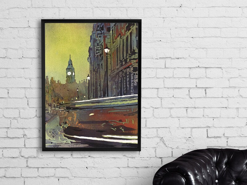 Big Ben en la ciudad de Londres, Inglaterra. Acuarela artística del Big Ben en Londres, Reino Unido. Arte paisajístico de pintura de acuarela del Big Ben (impresión)