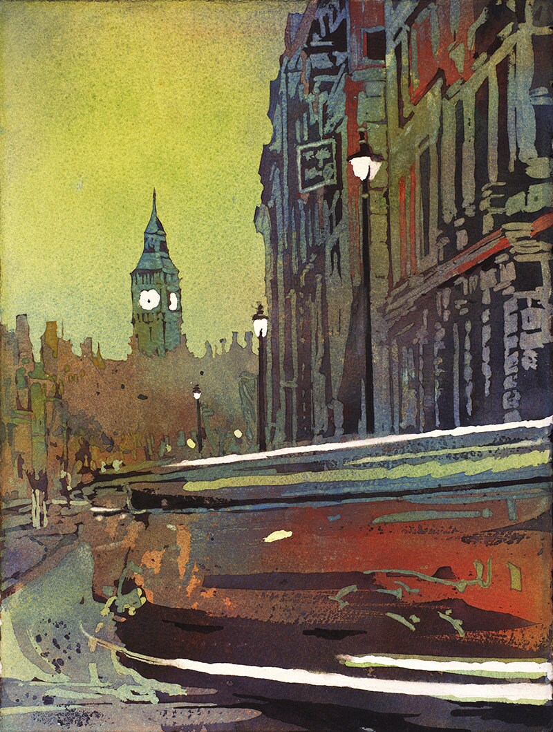 Big Ben en la ciudad de Londres, Inglaterra. Acuarela artística del Big Ben en Londres, Reino Unido. Arte paisajístico de pintura de acuarela del Big Ben (impresión)