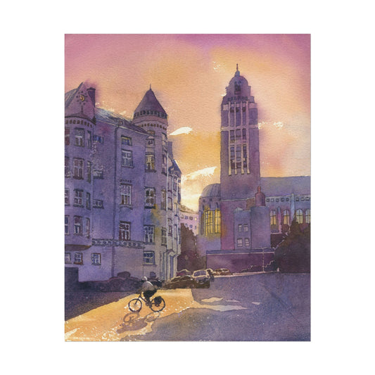 Kallio Church Helsinki watercolor painting at sunset, Finland cityscape art