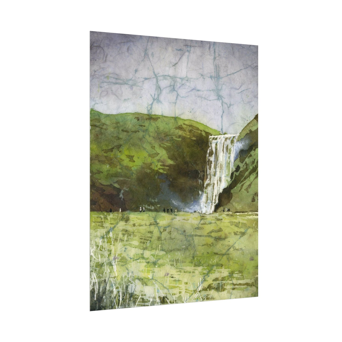 Skogafoss waterfall colorful watercolor batik Iceland landscape travel essentials art for house handmade item interior design Poster