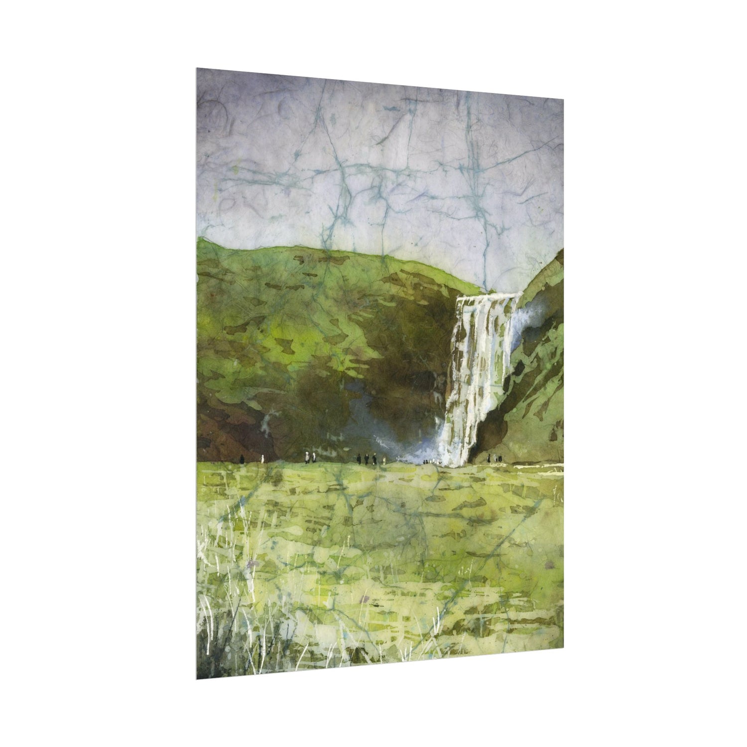 Skogafoss waterfall colorful watercolor batik Iceland landscape travel essentials art for house handmade item interior design Poster