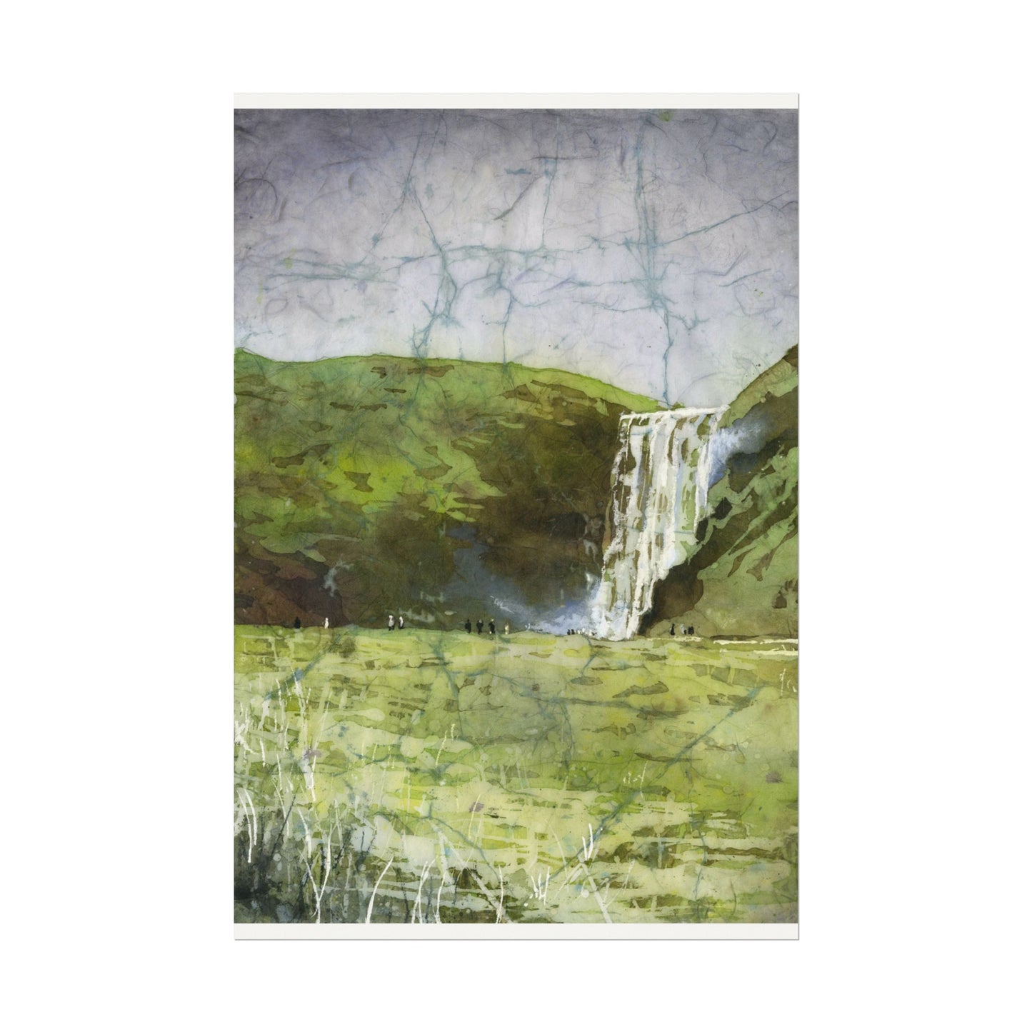 Skogafoss waterfall colorful watercolor batik Iceland landscape travel essentials art for house handmade item interior design Poster