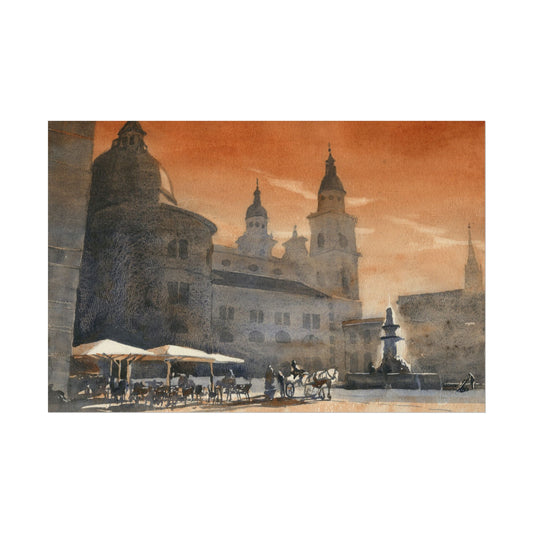 Original watercolor cityscape of Salzburg Cathedral and Residenzplatz fountain