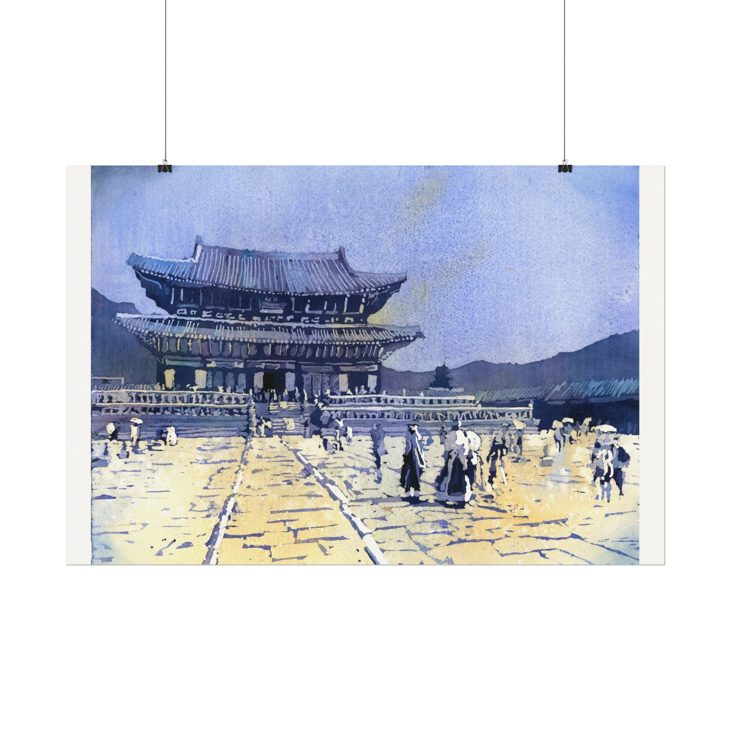 Travel inspired watercolor painting of Gyeongbokgung Palace in Seoul featuring traditional Korean palace buildings