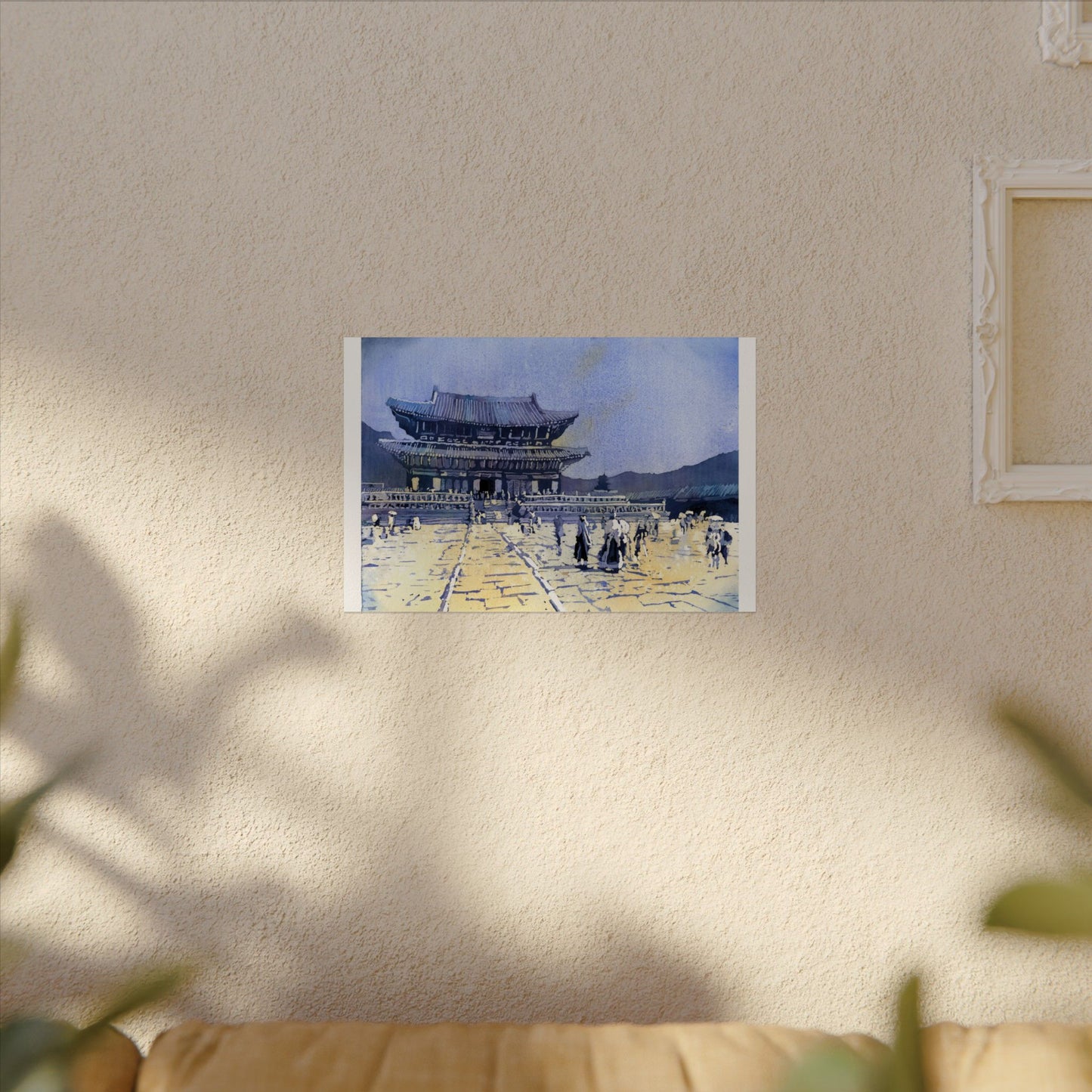 Travel inspired watercolor painting of Gyeongbokgung Palace in Seoul featuring traditional Korean palace buildings Poster
