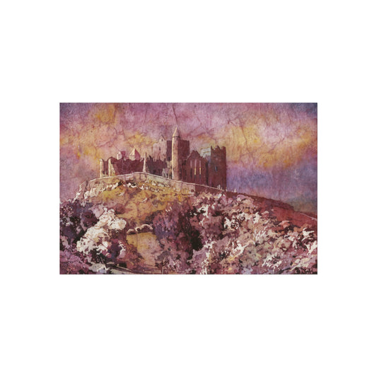 Rock of Cashel Ireland watercolor batik landscape art print featuring medieval ruins, golden light, and vibrant violet-pink sky