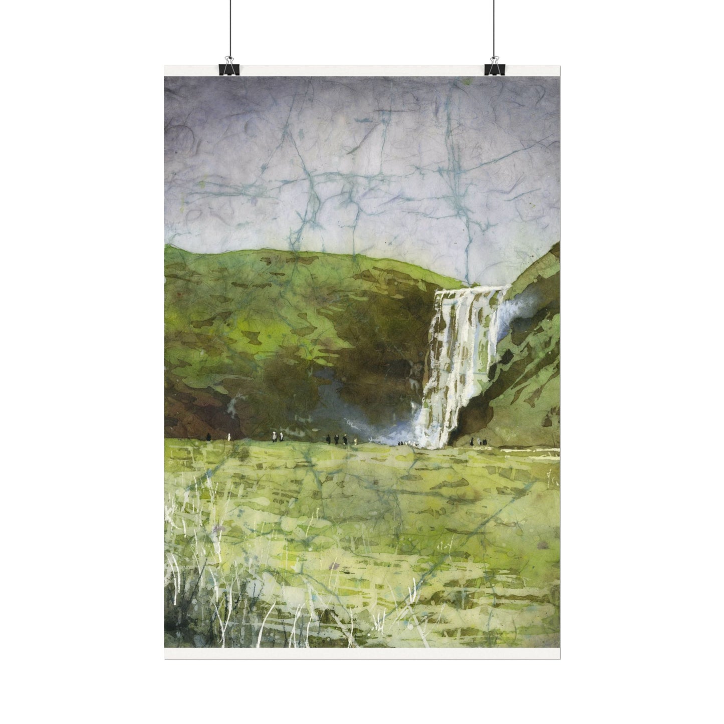 Skogafoss waterfall colorful watercolor batik Iceland landscape travel essentials art for house handmade item interior design