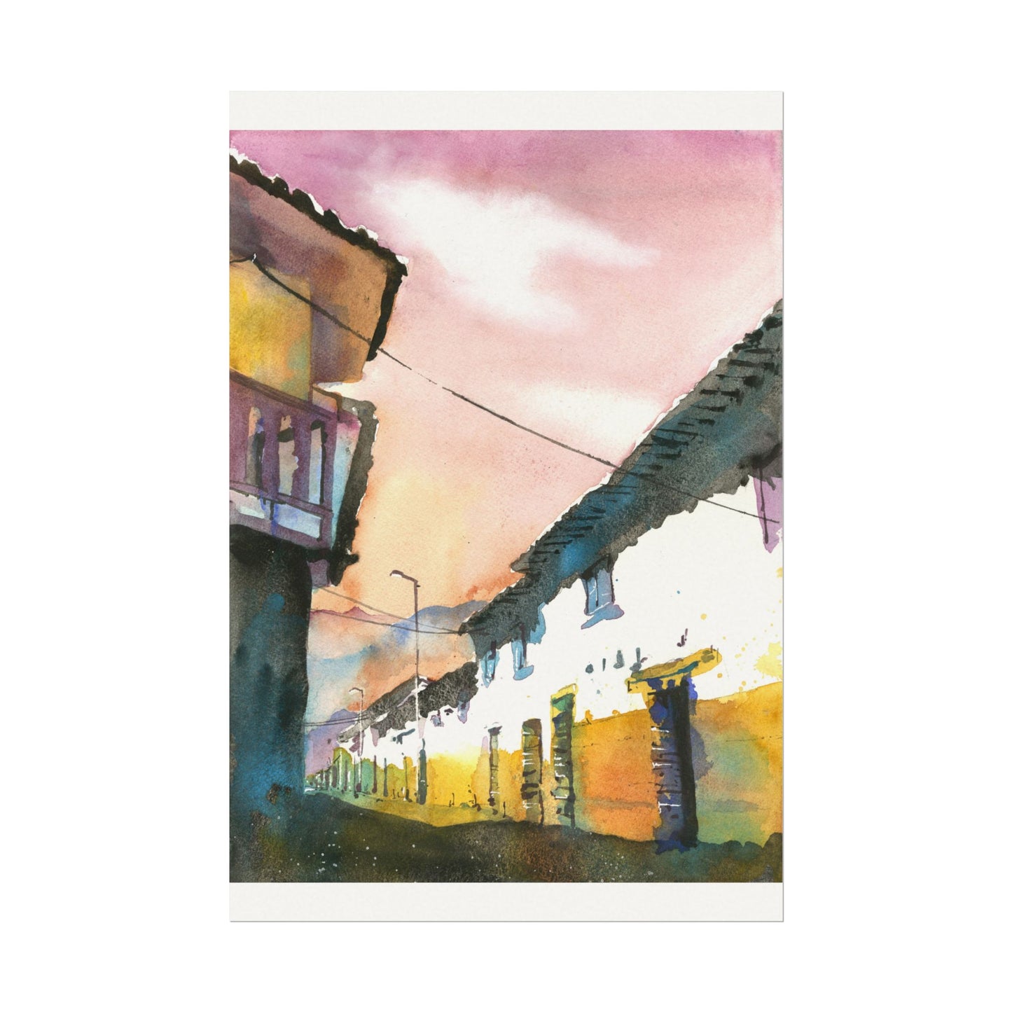 Peru Sacred Valley Cityscape Textured Watercolor Matte Poster Machu Picchu South America Travel