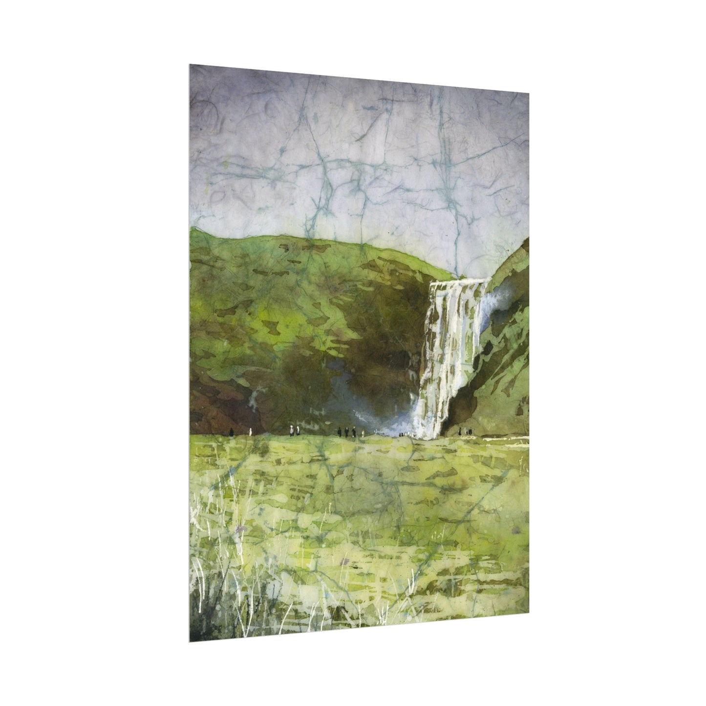 Skogafoss waterfall colorful watercolor batik Iceland landscape travel essentials art for house handmade item interior design