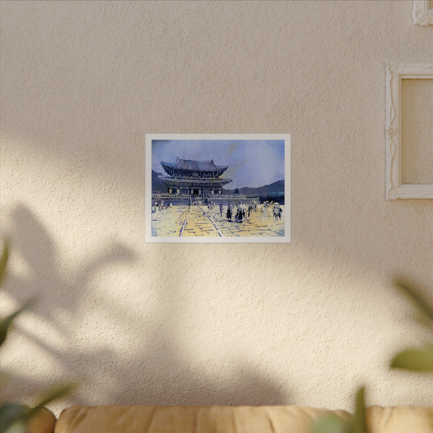 Travel inspired watercolor painting of Gyeongbokgung Palace in Seoul featuring traditional Korean palace buildings Poster