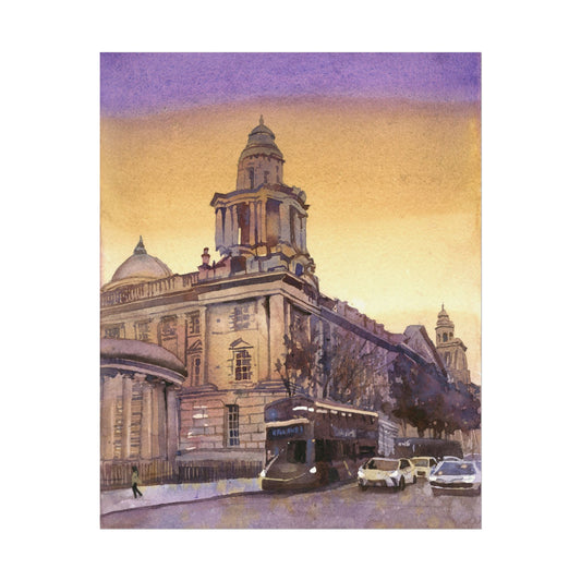 City Hall Belfast Ireland skyline sunset watercolor painting art for house handmade item travel decor Irish design Poster