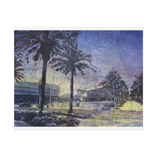 Blue-hour watercolor batik painting of Embry-Riddle Student Union, Daytona Beach campus with palm trees on Japanese rice paper
