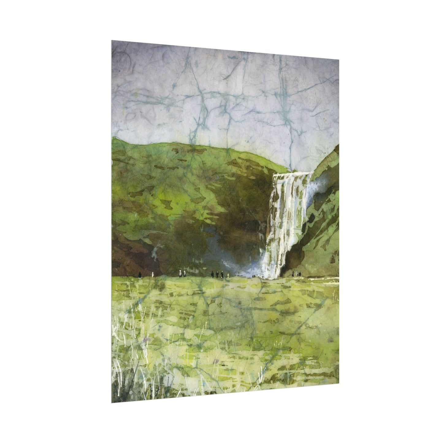 Skogafoss waterfall colorful watercolor batik Iceland landscape travel essentials art for house handmade item interior design Poster
