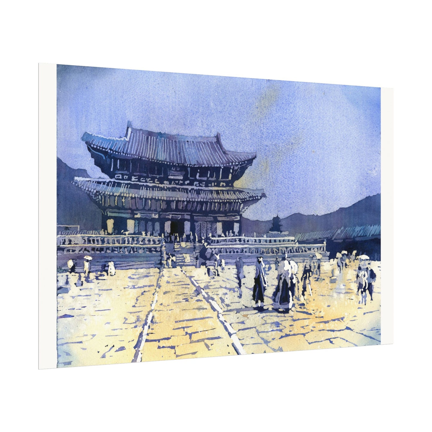 Travel inspired watercolor painting of Gyeongbokgung Palace in Seoul featuring traditional Korean palace buildings