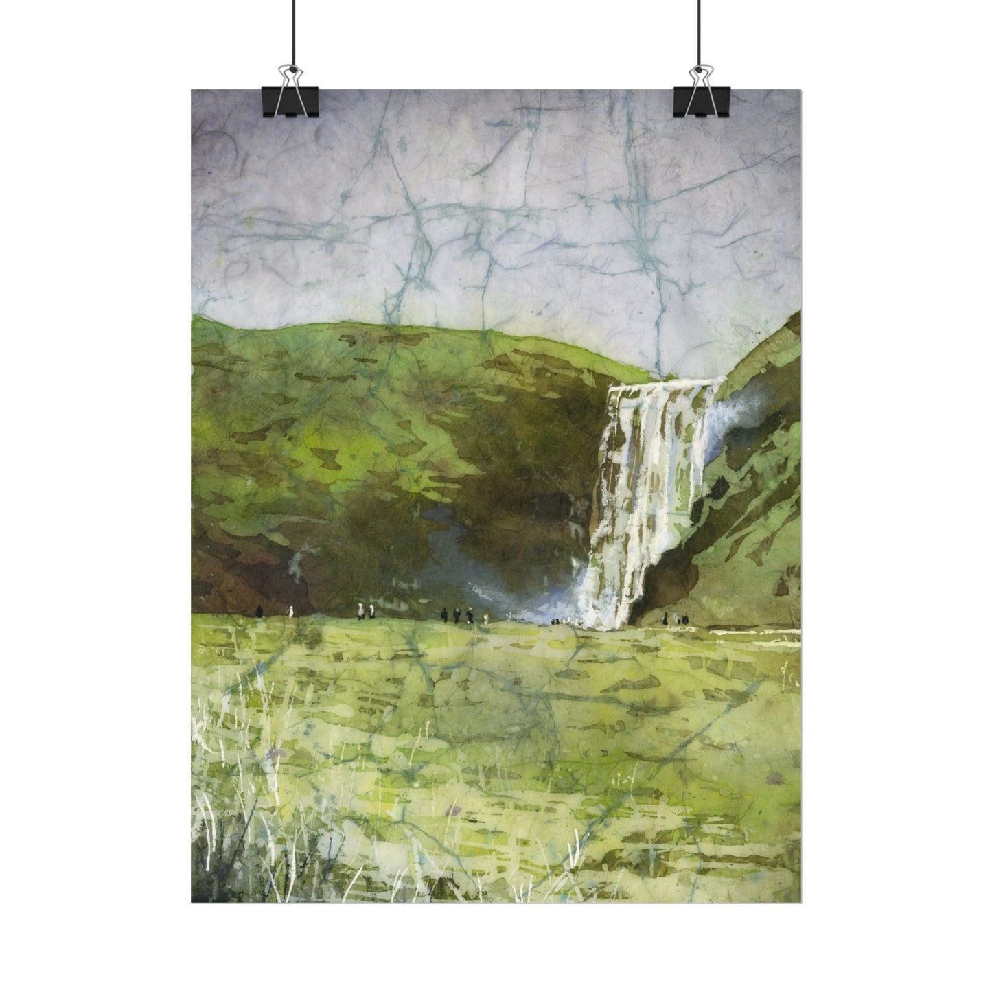 Skogafoss waterfall colorful watercolor batik Iceland landscape travel essentials art for house handmade item interior design Poster