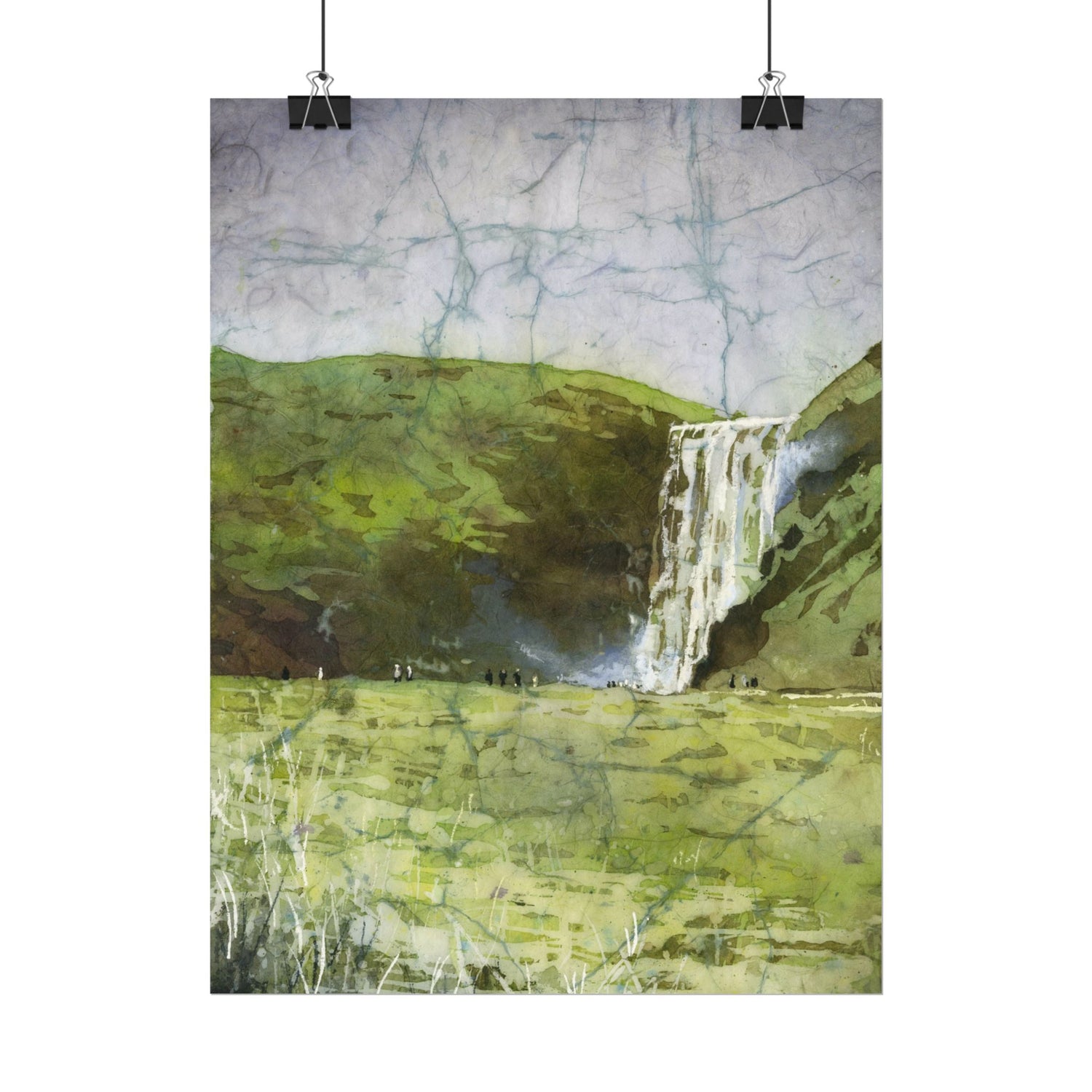 Skogafoss waterfall colorful watercolor batik Iceland landscape travel essentials art for house handmade item interior design Poster