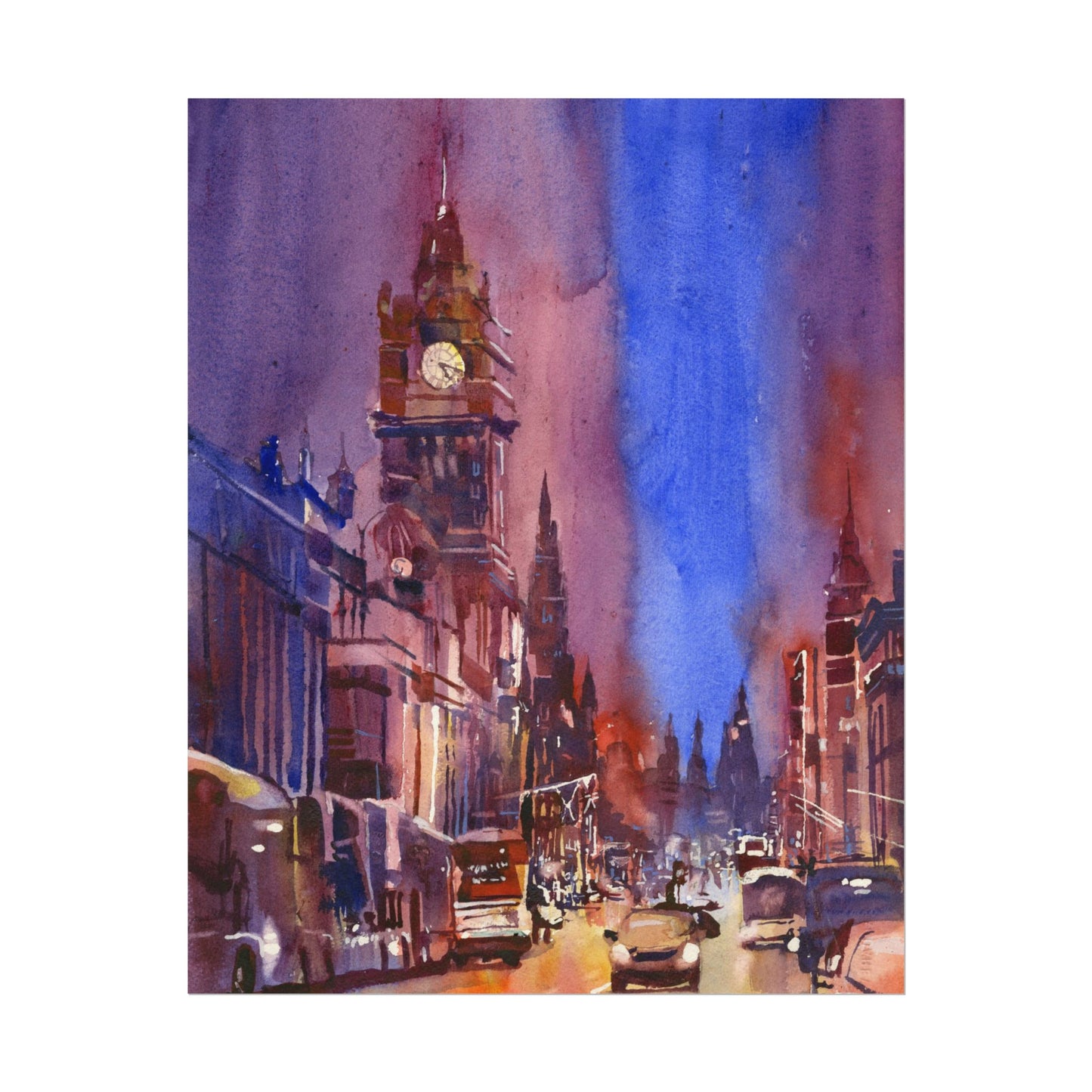 Edinburgh Scotland City Street Watercolor Poster | Matte Textured Art Print Handmade Item European Cityscape