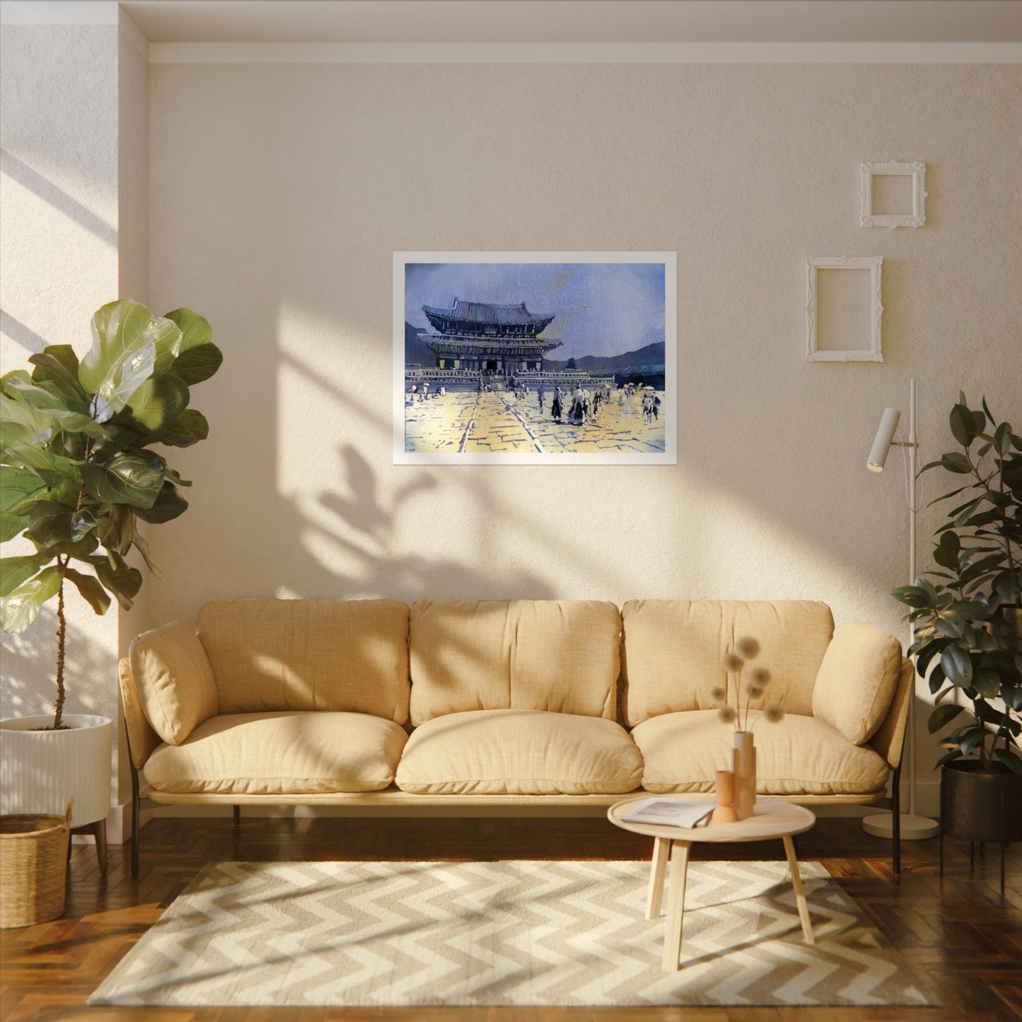 Travel inspired watercolor painting of Gyeongbokgung Palace in Seoul featuring traditional Korean palace buildings