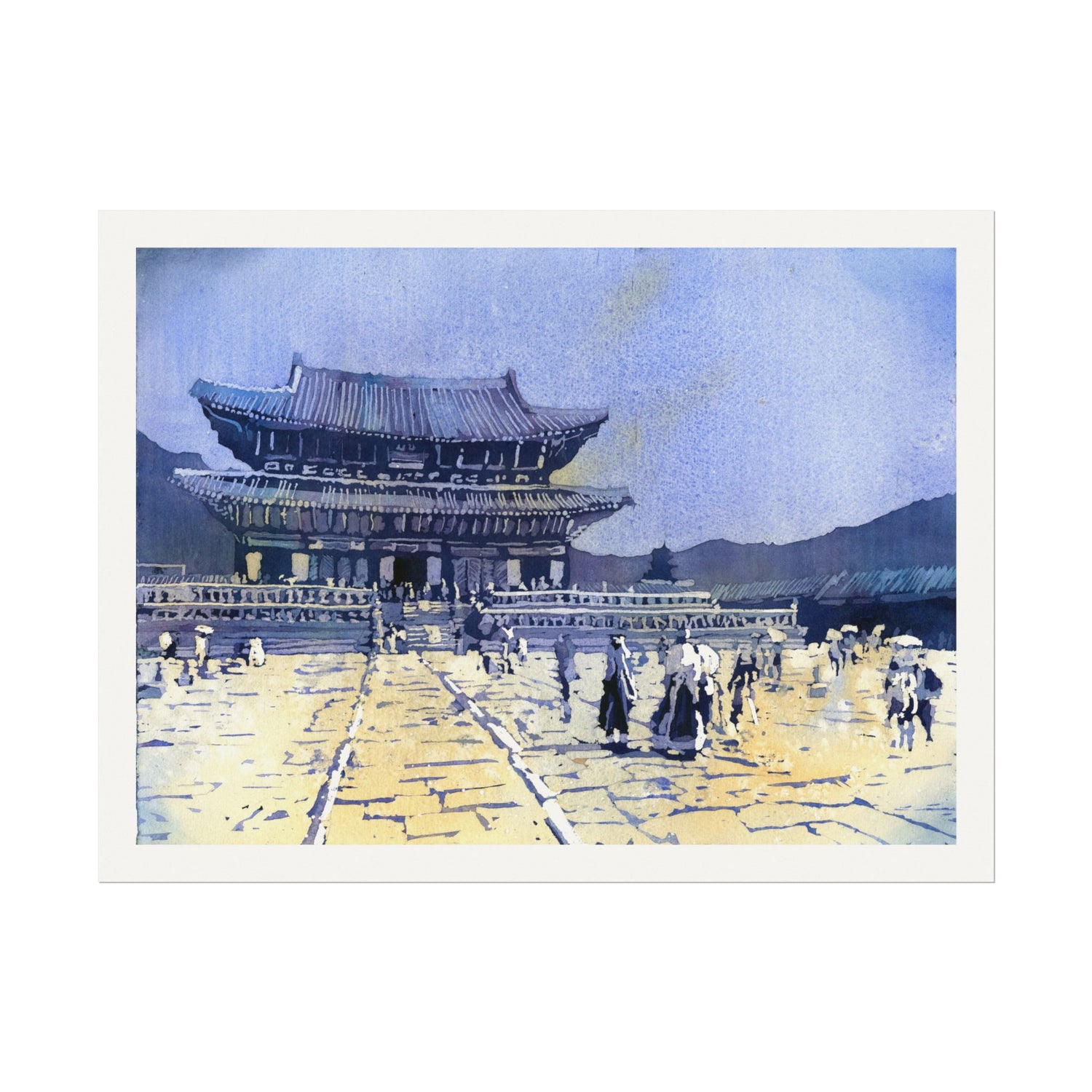 Travel inspired watercolor painting of Gyeongbokgung Palace in Seoul featuring traditional Korean palace buildings Poster