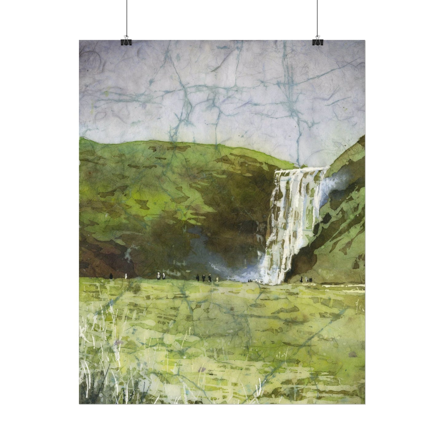 Skogafoss waterfall colorful watercolor batik Iceland landscape travel essentials art for house handmade item interior design