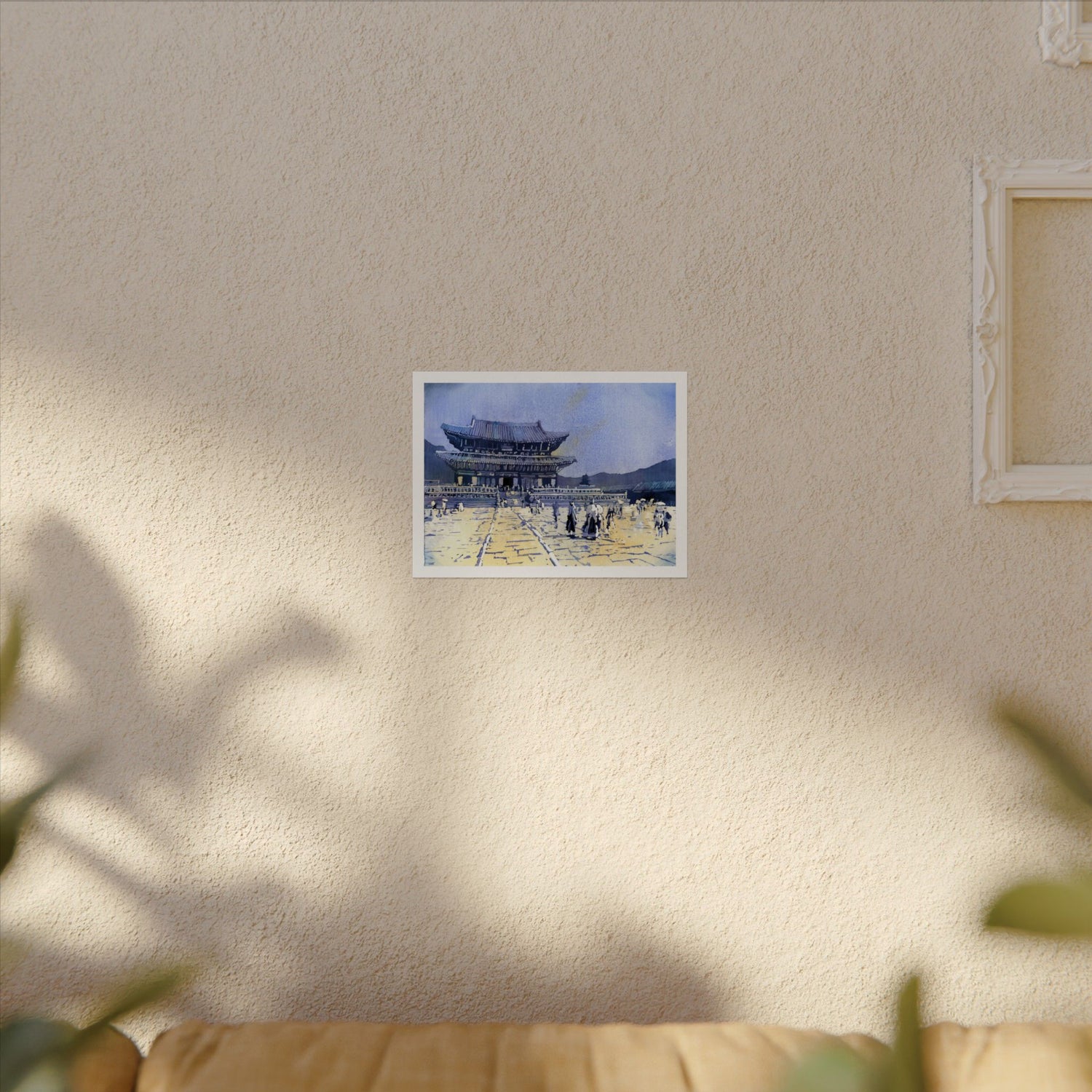 Travel inspired watercolor painting of Gyeongbokgung Palace in Seoul featuring traditional Korean palace buildings Poster