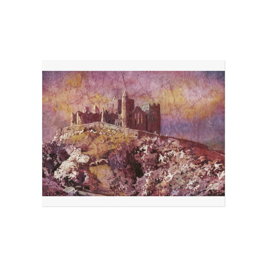 Watercolor batik painting of Rock of Cashel castle in Ireland on a hilltop at sunset with textured crackle effect and dramatic purple sky