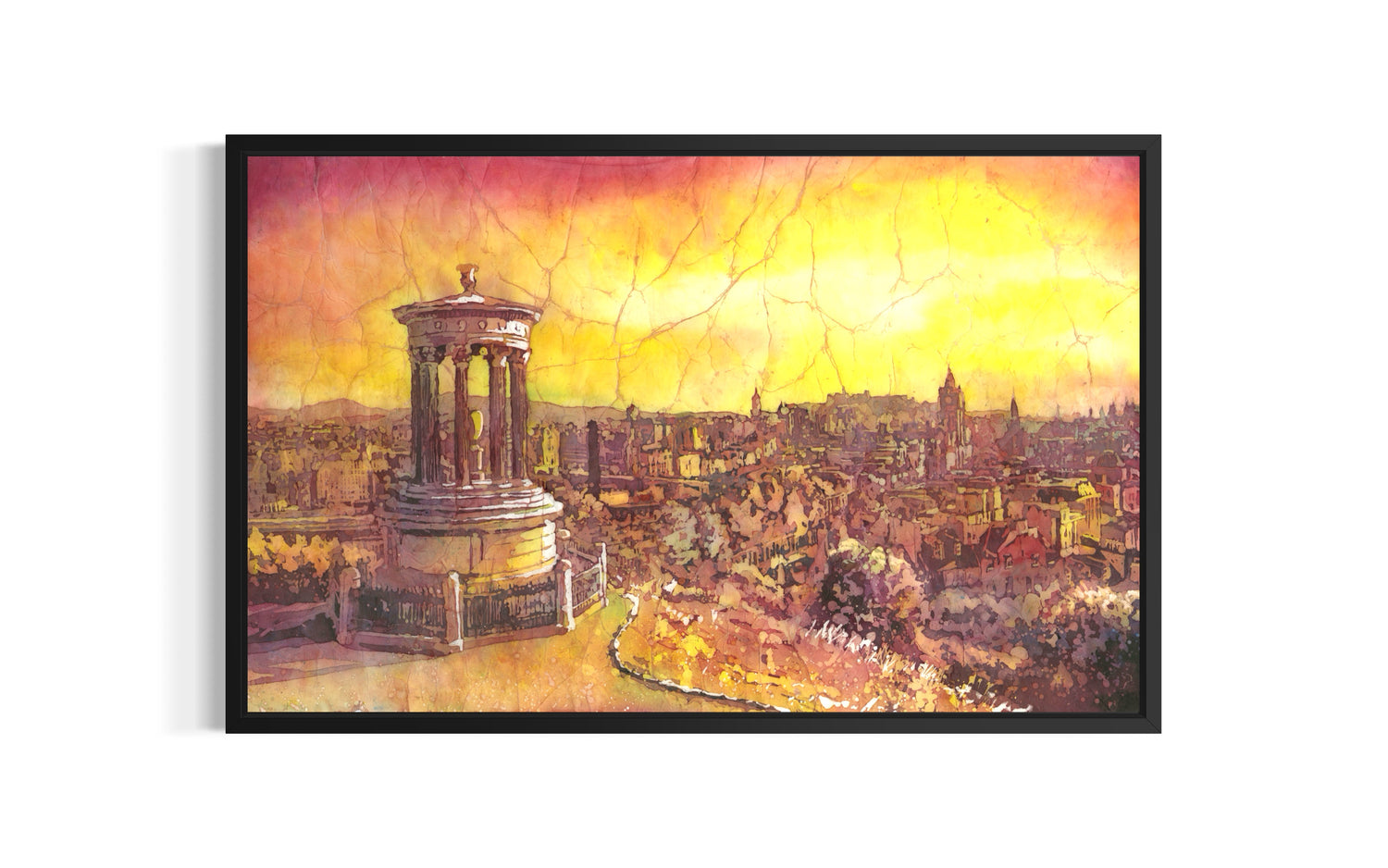 Scotland travel watercolor batik landscape of Edinburgh panoramic sunset city view with iconic Calton Hill monument for wall decor