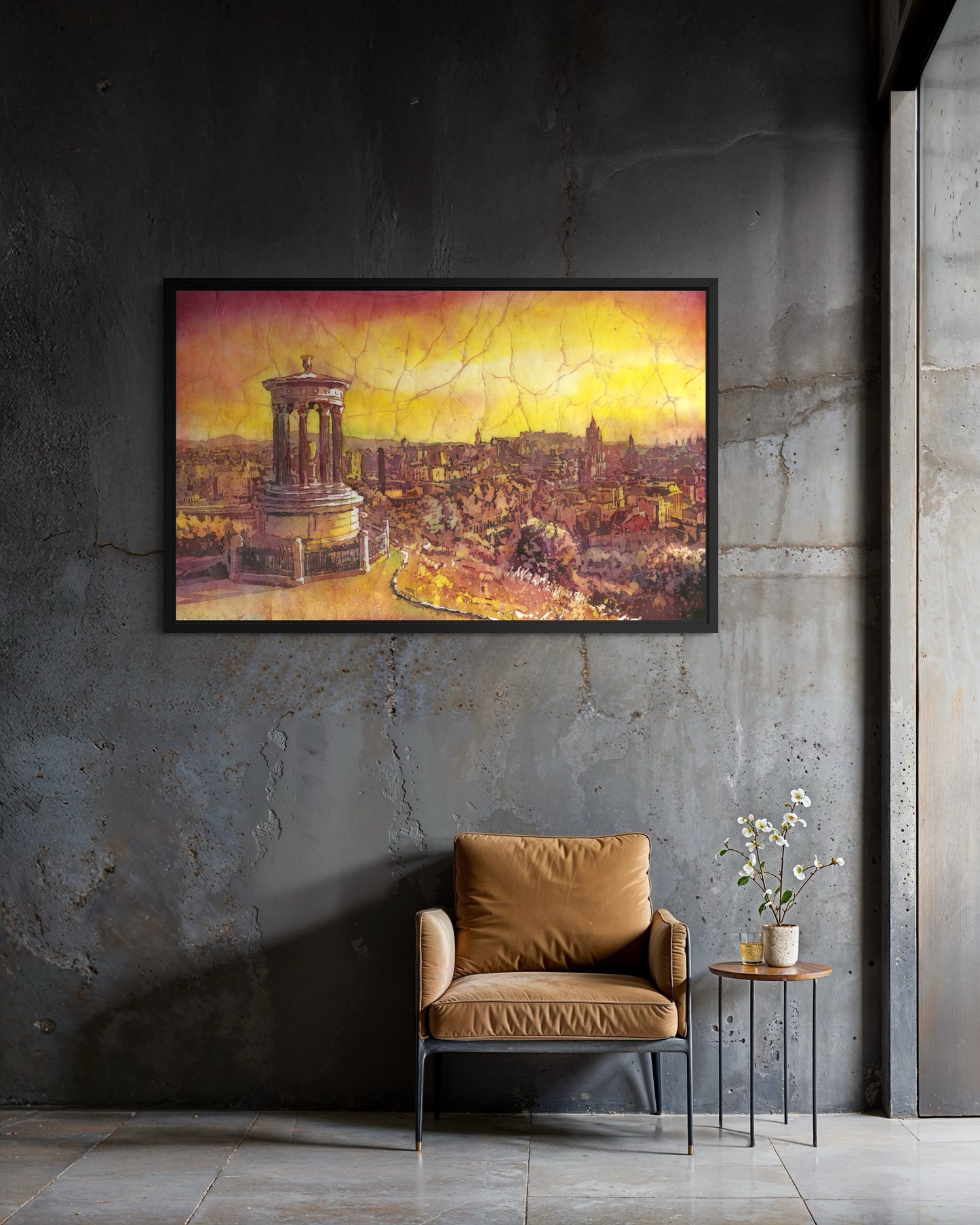 Edinburgh Old Town and New Town skyline watercolor batik artwork from Calton Hill with textured crackle effect and radiant evening colors
