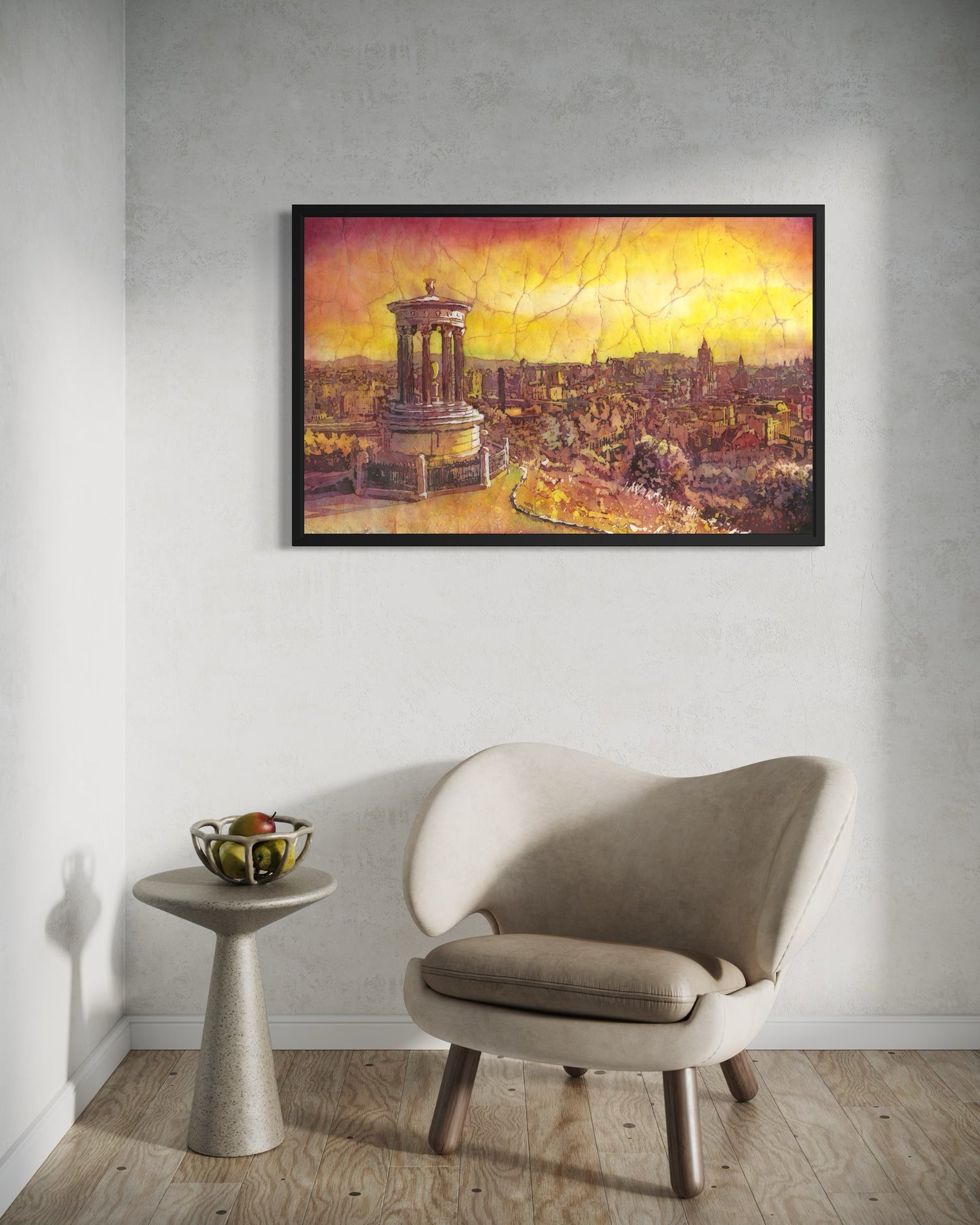 Dugald Stewart Monument Calton Hill watercolor batik painting overlooking Edinburgh city rooftops in dramatic orange and yellow sunset