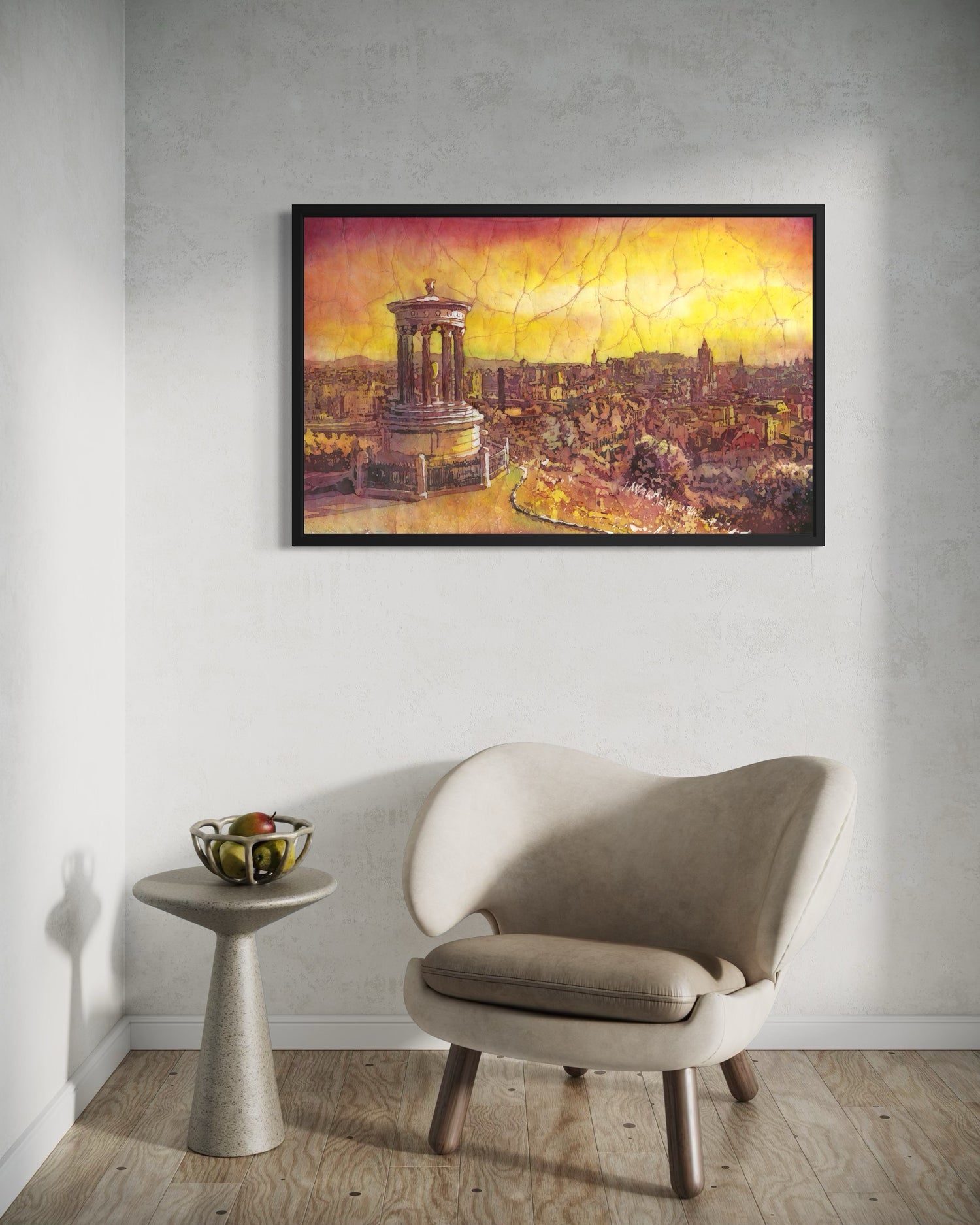 Dugald Stewart Monument Calton Hill watercolor batik painting overlooking Edinburgh city rooftops in dramatic orange and yellow sunset