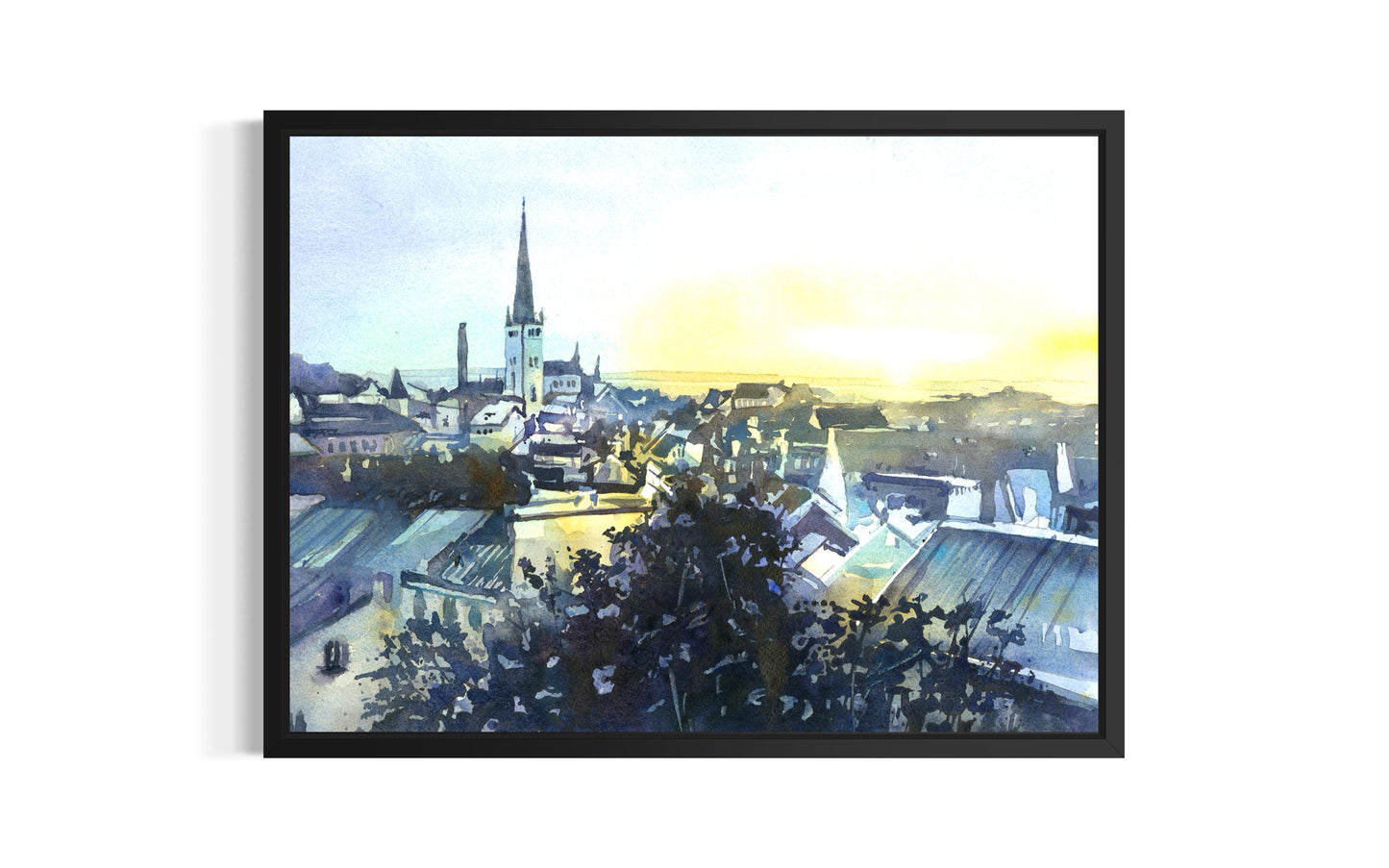 Tallinn Estonia City Hall watercolor cityscape painting, colorful wall art travel essentials handmade item unique travel gift (original)