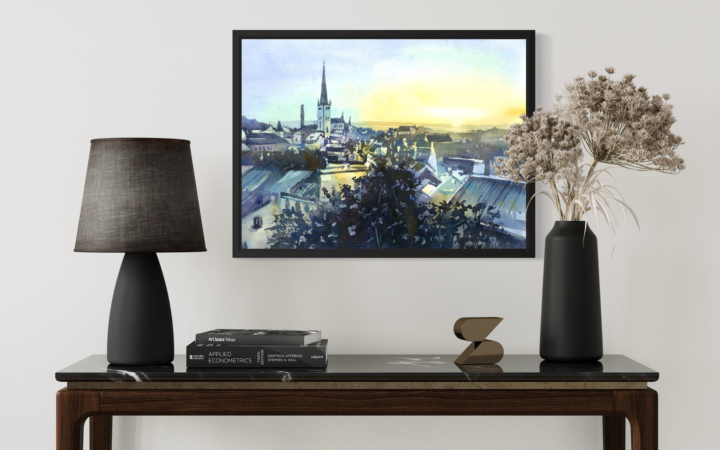 Tallinn Estonia City Hall watercolor cityscape painting, colorful wall art travel essentials handmade item unique travel gift (original)