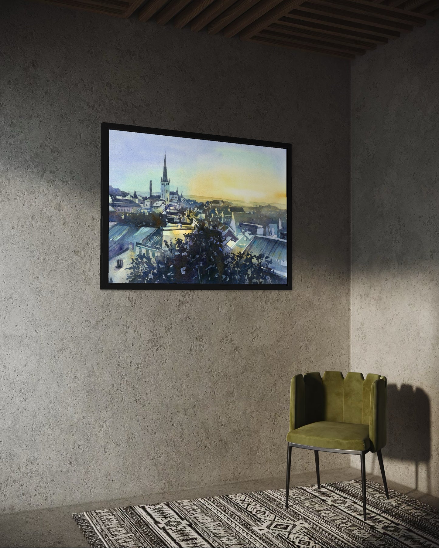 Tallinn Estonia City Hall watercolor cityscape painting, colorful wall art travel essentials handmade item unique travel gift (original)