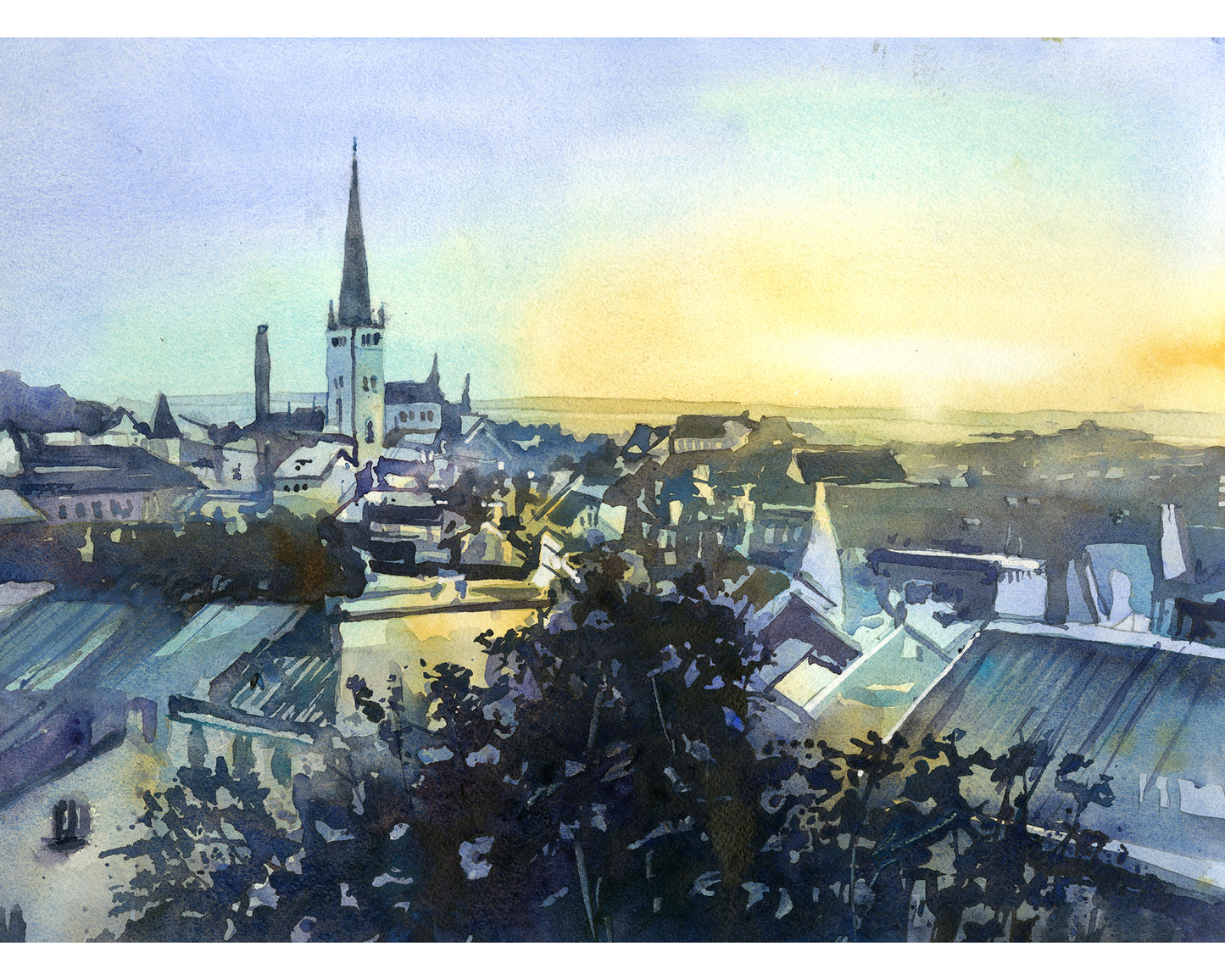 Tallinn Estonia City Hall watercolor cityscape painting, colorful wall art travel essentials handmade item unique travel gift (original)