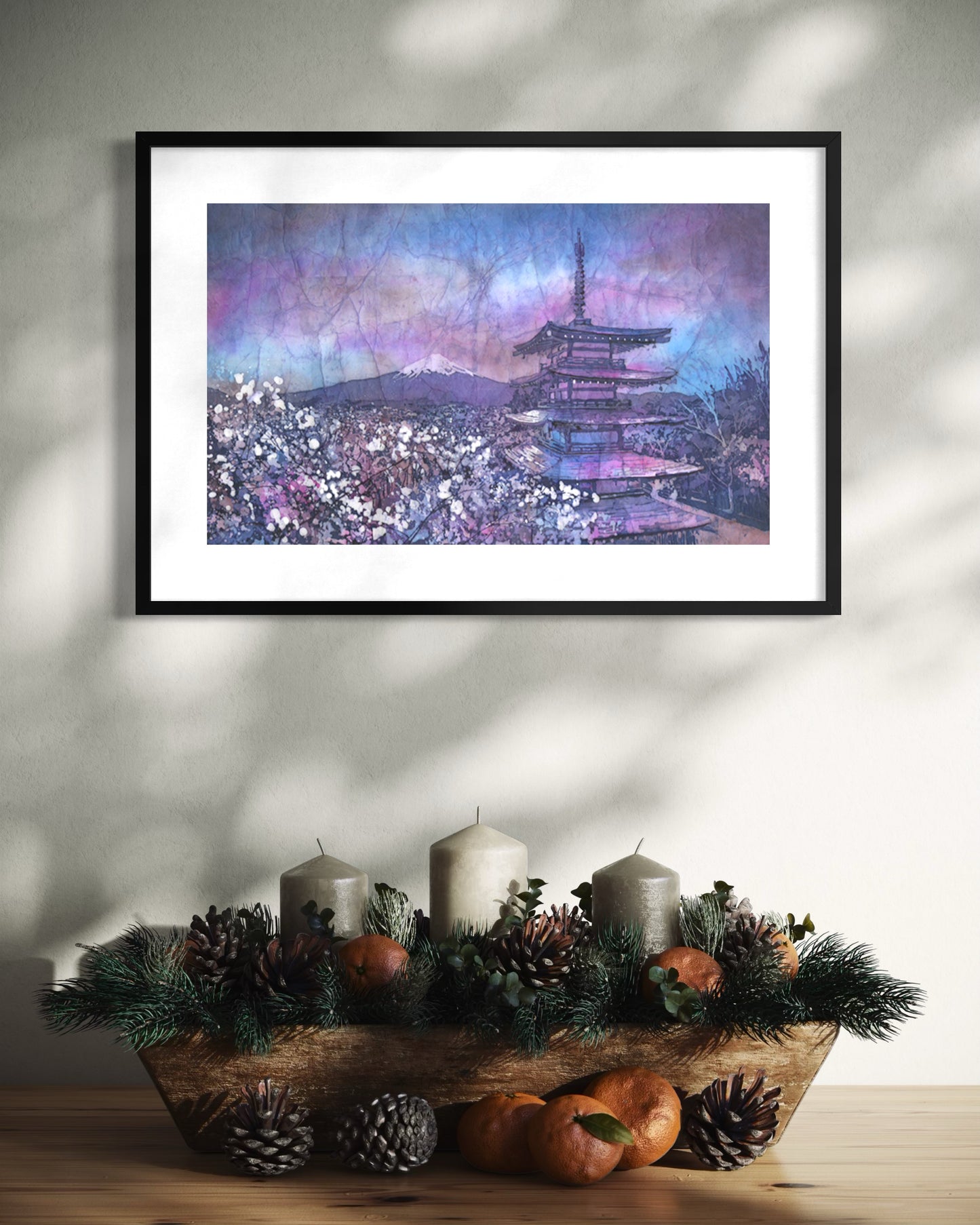 Chureito Pagoda Watercolor Print Poster | Mount Fuji Landscape Japanese Wall Art Colorful Batik Travel Essentials Unframed Item