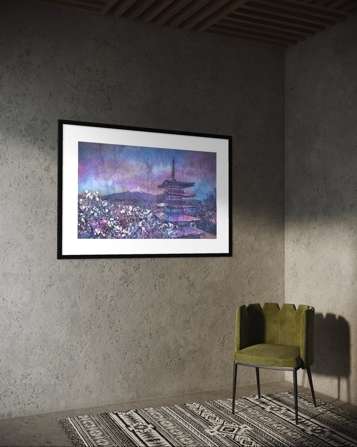 Chureito Pagoda Watercolor Print Poster | Mount Fuji Landscape Japanese Wall Art Colorful Batik Travel Essentials Unframed Item