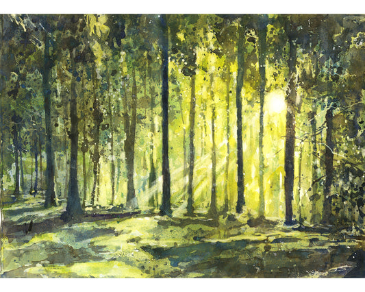 Sunset Forest Watercolor Poster — Colorful Trees Landscape Matte Print Poster