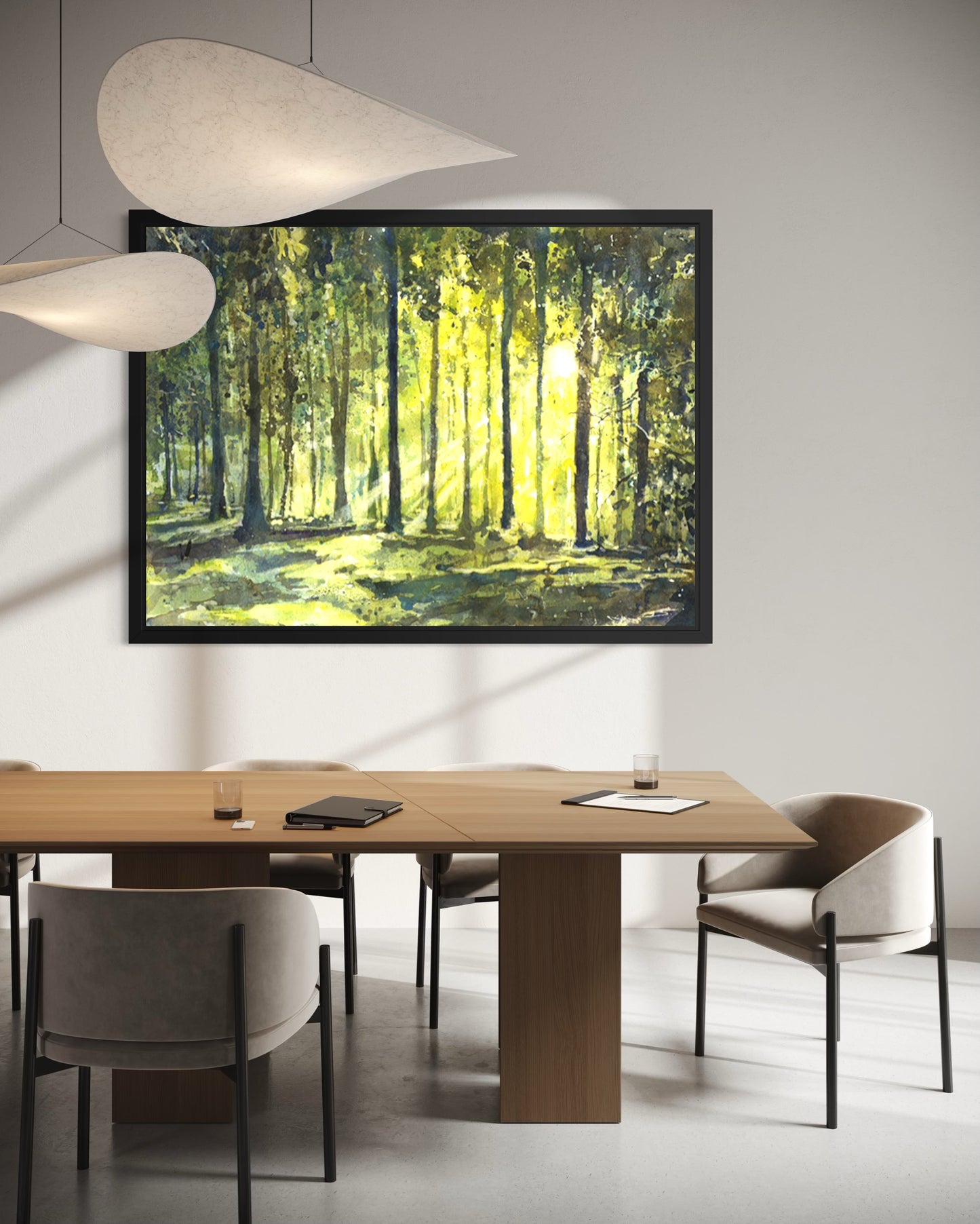 Sunset Forest Watercolor Poster — Colorful Trees Landscape Matte Print