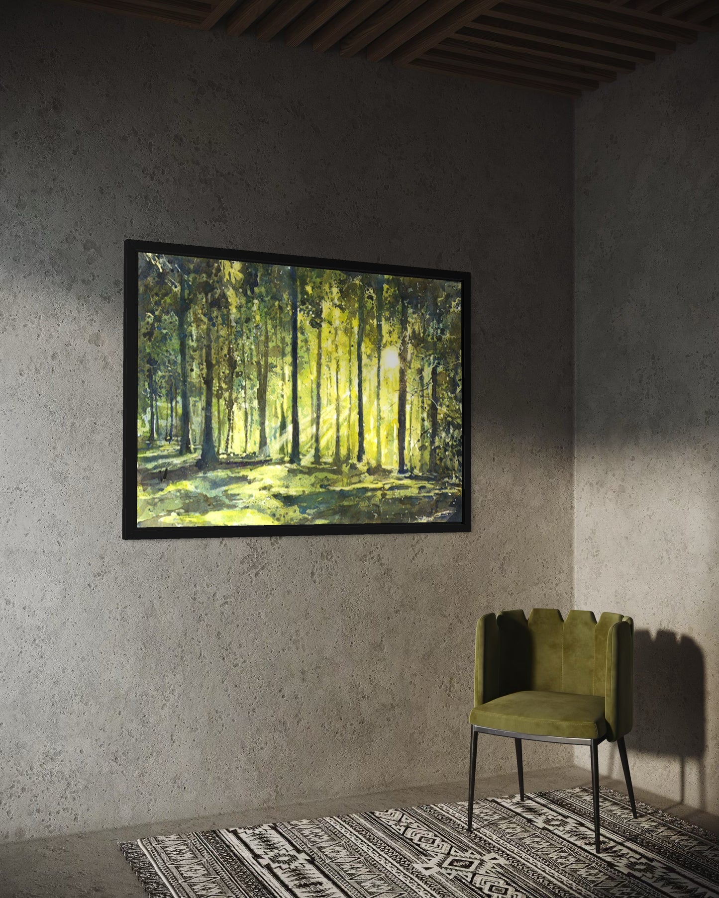 Sunset Forest Watercolor Poster — Colorful Trees Landscape Matte Print