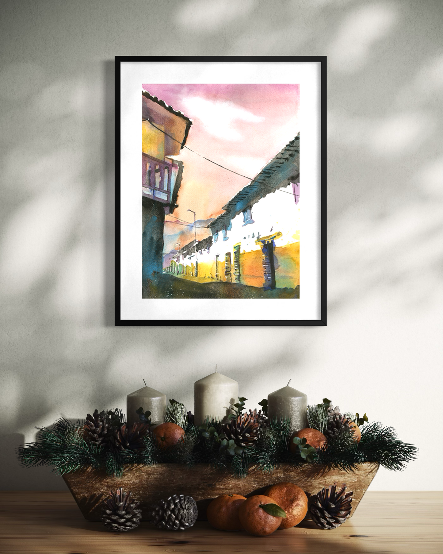 Peru Sacred Valley Cityscape Textured Watercolor Matte Poster Machu Picchu South America Travel