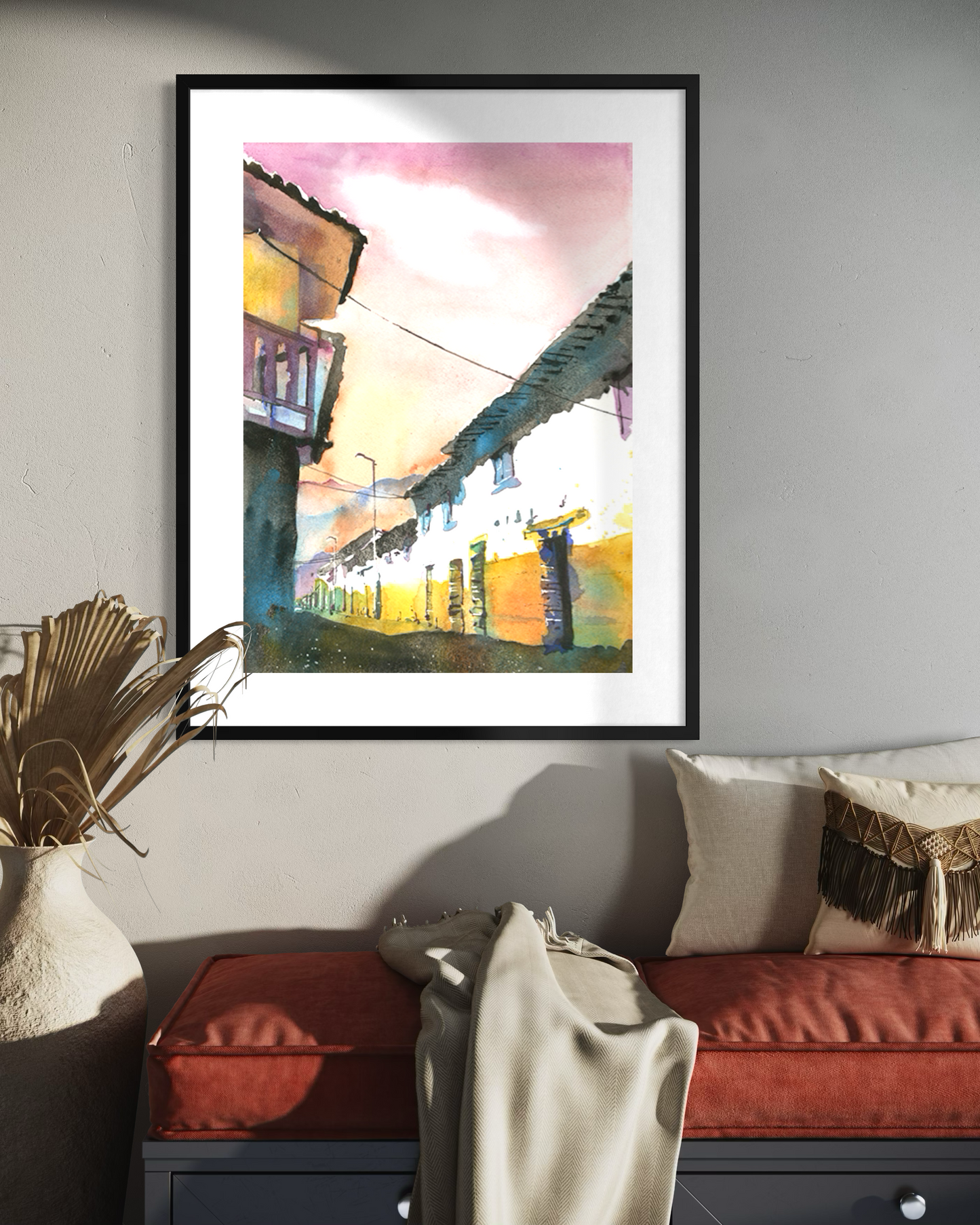 Peru Sacred Valley Cityscape Textured Watercolor Matte Poster Machu Picchu South America Travel